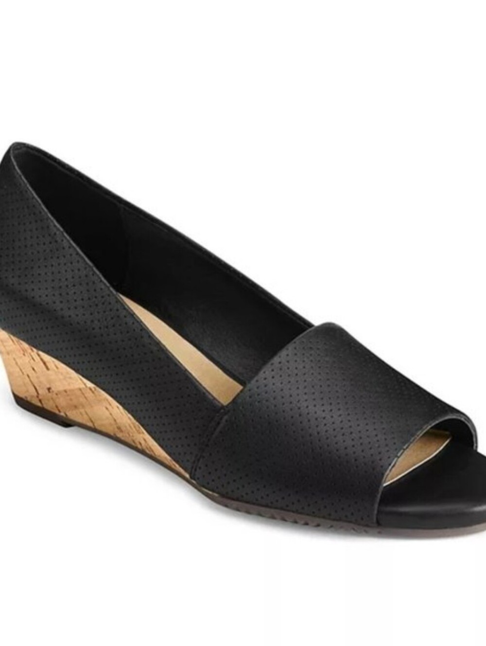 Aerosoles Spring Break Perforated Black Peep Toe Faux Cork Wedge Pumps - Size 5